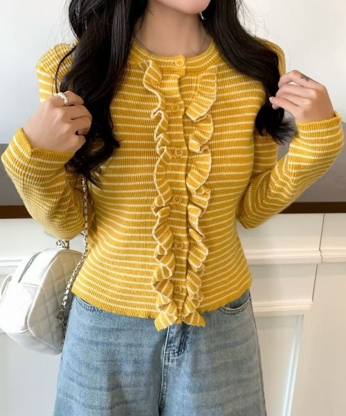AsRiRe(アスリレイ)の「新色追加/25aw 配色ストライプフリルカーディガン(カーディガン/ボレロ・レディース・レッド/イエロー/ブラウン・M)」の15枚目の写真