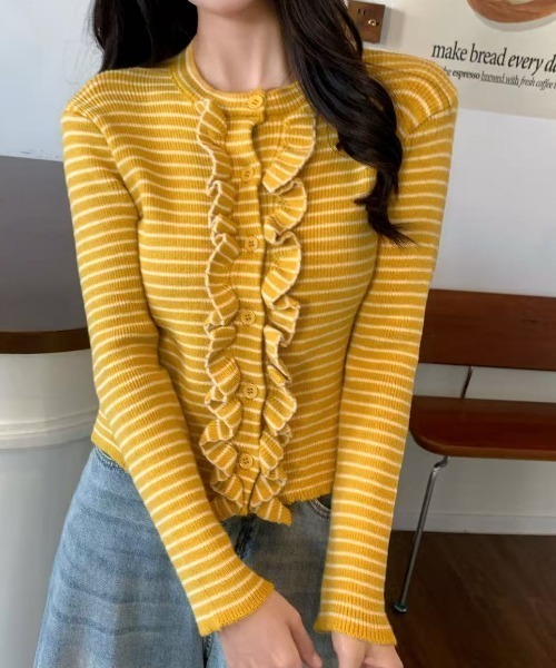 AsRiRe(アスリレイ)の「新色追加/25aw 配色ストライプフリルカーディガン(カーディガン/ボレロ・レディース・レッド/イエロー/ブラウン・M)」の14枚目の写真