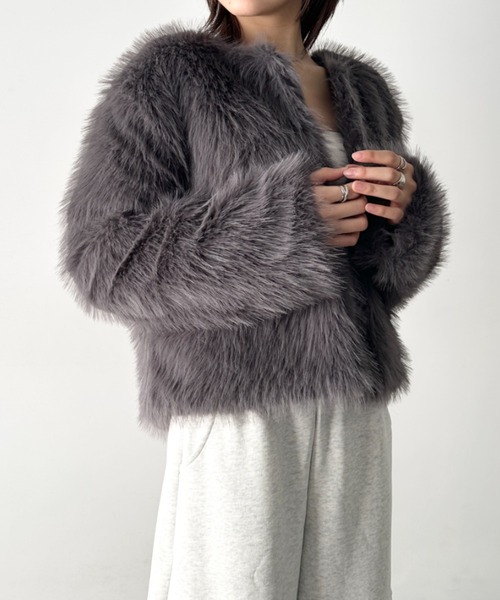 セール】ノーカラーフェイクファージャケット（ノーカラージャケット