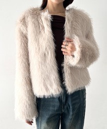 ホワイト ノーカラージャケット ファー風 パッチワークボアファーノーカラーコート - ジャケット/アウター通販