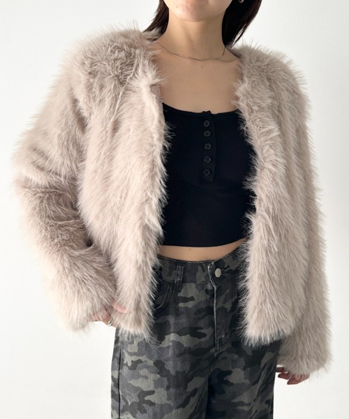 セール】ノーカラーフェイクファージャケット（ノーカラージャケット