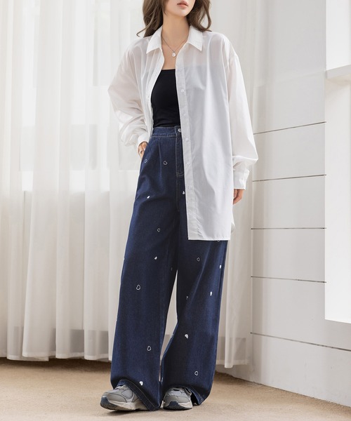 DAY CLOSET（デイ クローゼット）の「【ゆるっと可愛い小粒ハート刺繍】ハイウエスト デニム パンツ レディース（デニムパンツ・レディース・ネイビー/ブラック・S/M/L）」の10枚目の写真