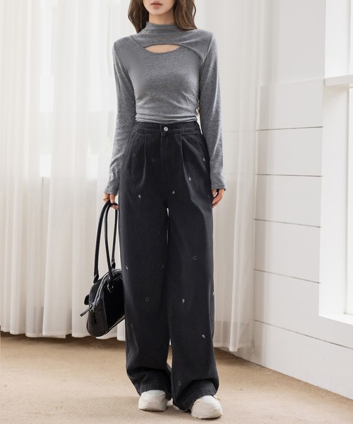 DAY CLOSET（デイ クローゼット）の「【ゆるっと可愛い小粒ハート刺繍】ハイウエスト デニム パンツ レディース（デニムパンツ・レディース・ネイビー/ブラック・S/M/L）」の5枚目の写真