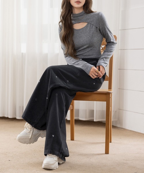 DAY CLOSET（デイ クローゼット）の「【ゆるっと可愛い小粒ハート刺繍】ハイウエスト デニム パンツ レディース（デニムパンツ・レディース・ネイビー/ブラック・S/M/L）」の7枚目の写真