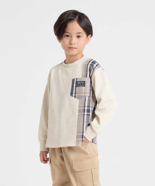 COMME CA ISM（コムサイズム）の「チェック 切り替え トレーナー（スウェット・キッズ・ベージュ系/ネイビー系・100cm/110cm/120cm/130cm/140cm/150cm）」の2枚目の写真
