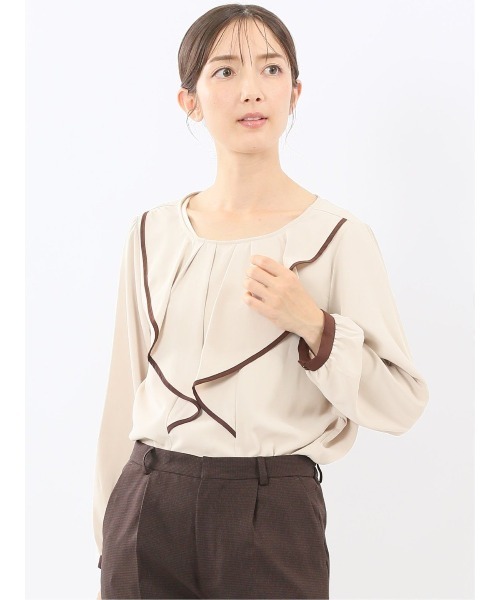 m.f.editorial(エムエフエディトリアル)の「【Tブラウス ストレッチ イージーケア】m.f.エディトリアル レディース パイピング フリル 長袖 プルオーバー ブラウス(シャツ/ブラウス・レディース・ブラック/ベージュ/イエロー・LARGE/MEDIUM)」の2枚目の写真