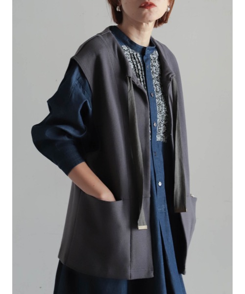 FIL DE FER（フィルデフェール）の「コットングリッド　ロングベスト（ベスト・レディース・チャコールグレー・FREE）」の21枚目の写真