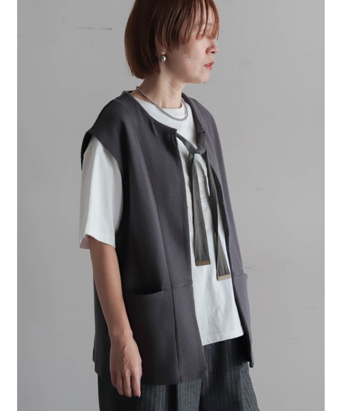 FIL DE FER（フィルデフェール）の「コットングリッド　ロングベスト（ベスト・レディース・チャコールグレー・FREE）」の11枚目の写真