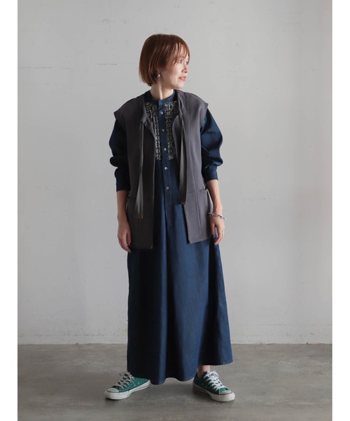 FIL DE FER（フィルデフェール）の「コットングリッド　ロングベスト（ベスト・レディース・チャコールグレー・FREE）」の22枚目の写真