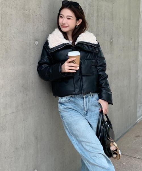 セール】シープスキン大襟 ショート PU レザーダウンジャケット ダウン