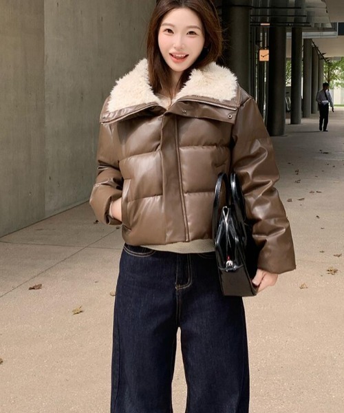 セール】シープスキン大襟 ショート PU レザーダウンジャケット ダウン