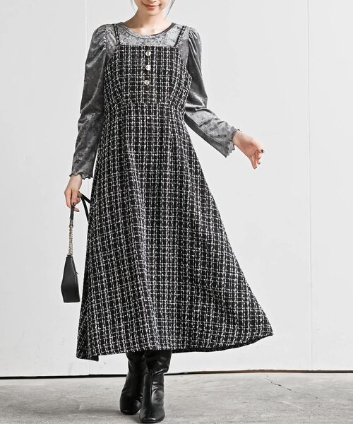 rps(アールピーエス)の「インナーSETツイードフレアーキャミワンピース(ワンピース・レディース・アイボリー/ホワイト系その他4/ブラック・フリー)」の1枚目の写真