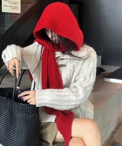 赤いフード付きニットマフラー 楽天市場】マフラー ニット フード付き 赤ストール 大判 レディース