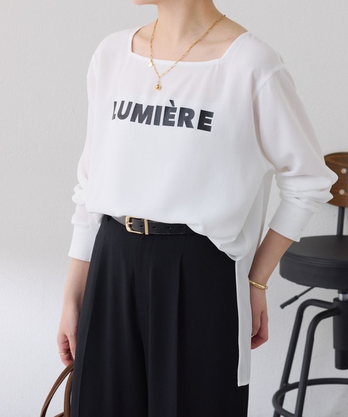 COLLAGE GALLARDAGALANTE（コラージュガリャルダガランテ）の「スクエアネックジョーゼットロゴロンT（Tシャツ/カットソー・レディース・ライトイエロー/チャコールグレー/オフホワイト・FREE）」の6枚目の写真