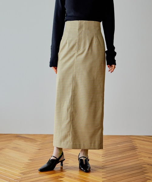 mysty woman（ミスティウーマン）の「【無地・チェック】ハイウエストナロースカート　636981（スカート・レディース・ベージュ系その他/ベージュ/ネイビー・MEDIUM/SMALL）」の2枚目の写真