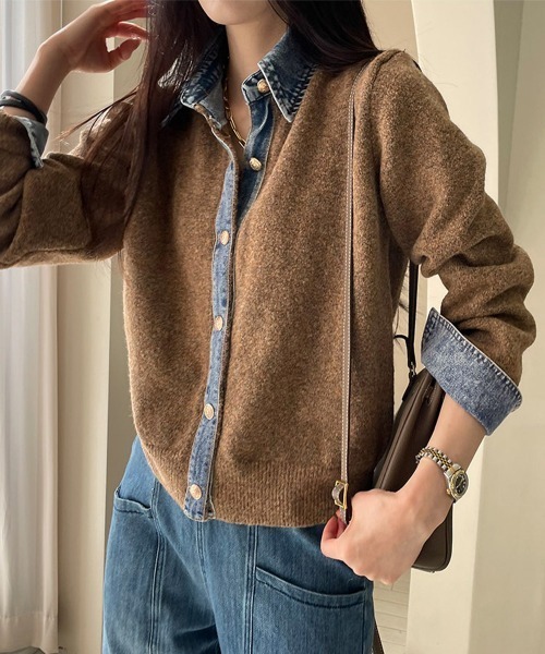 セール】デニム切り替えニットカーディガン 韓国風（カーディガン