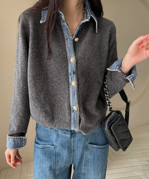Miniministore(ミニミニストア)の「デニム切り替えニットカーディガン 韓国風(カーディガン/ボレロ・レディース・ライトグレー/グレー/チャコールグレー/ネイビー/ブラウン・FREE)」の2枚目の写真