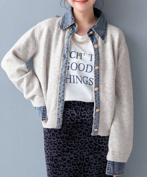 セール】デニム切り替えニットカーディガン 韓国風（カーディガン