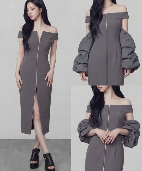 DURAS（デュラス）の「バルーン付け袖+フルジップワンピース（ワンピース・レディース・グレー/ブラック/ホワイト・FREE）」の3枚目の写真