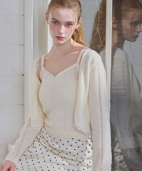 Heather（ヘザー）の「透かし編みレースカーデ/キャミ2P　656553（アンサンブル・レディース・アイボリー/ミント/ピンク・FREE）」の2枚目の写真