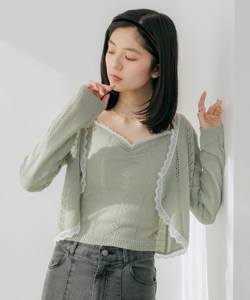 Heather（ヘザー）の「透かし編みレースカーデ/キャミ2P　656553（アンサンブル・レディース・アイボリー/ミント/ピンク・FREE）」の3枚目の写真