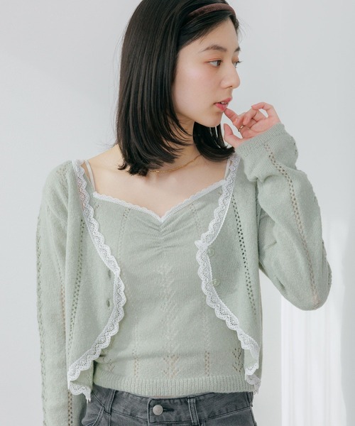 Heather（ヘザー）の「透かし編みレースカーデ/キャミ2P　656553（アンサンブル・レディース・アイボリー/ミント/ピンク・FREE）」の10枚目の写真