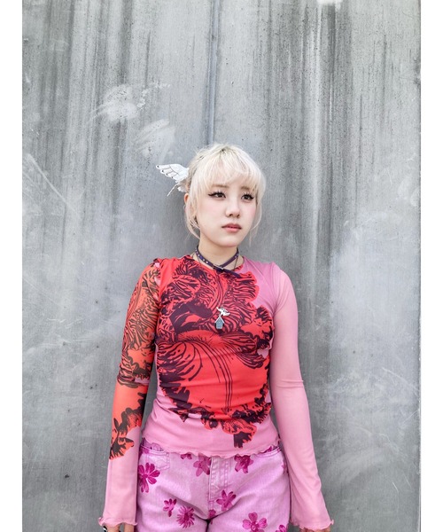 Desigual(デシグアル)の「ピンク×マゼンタフローラルプリントワイドレッグデニムパンツ【5ポケット仕様】(デニムパンツ・レディース・レッド・34/36/38/40/44/42)」の7枚目の写真