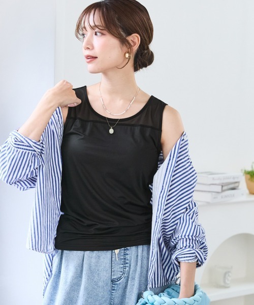 SMILE LAND(スマイルランド)の「<大きいサイズ>シアーコンビトップス(ブラカップ付)(Tシャツ/カットソー・レディース・ブラック/オフホワイト・L/LL/5L/3L/4L)」の1枚目の写真
