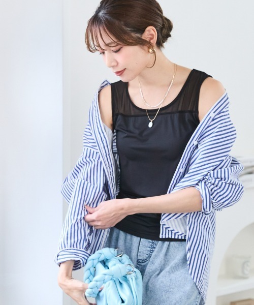 SMILE LAND(スマイルランド)の「<大きいサイズ>シアーコンビトップス(ブラカップ付)(Tシャツ/カットソー・レディース・ブラック/オフホワイト・L/LL/5L/3L/4L)」の7枚目の写真
