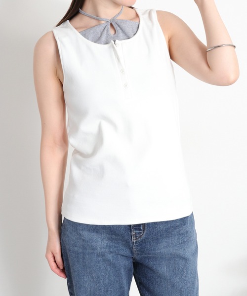 cepo（セポ）の「配色レイヤード リボンタンクトップ（Tシャツ/カットソー・レディース・ベージュ/ブラック/ホワイト・M）」の4枚目の写真