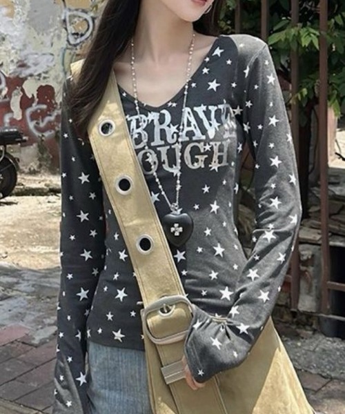 おしゃれスタ(オシャレスタ)の「スター柄ロゴデザインカットソー(Tシャツ/カットソー・レディース・ホワイト/グレー・XL/L/M/S)」の2枚目の写真