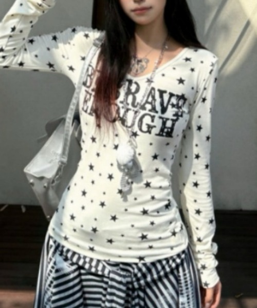 おしゃれスタ(オシャレスタ)の「スター柄ロゴデザインカットソー(Tシャツ/カットソー・レディース・ホワイト/グレー・XL/L/M/S)」の1枚目の写真