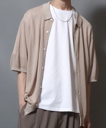 Cooling Pique-Texture Knit Polo Cardigan / 14G 接触冷感 鹿の子編み ルーズシルエットニットポロカーデ 半袖 メンズ サマーカーディガン シンプル 無地