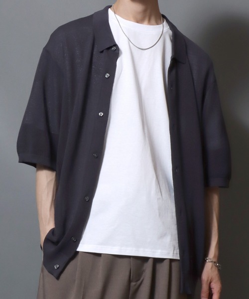 ANPAS(アンパス)の「Cooling Pique-Texture Knit Polo Cardigan / 14G 接触冷感 鹿の子編み ルーズシルエットニットポロカーデ 半袖 メンズ サマーカーディガン シンプル 無地(カーディガン/ボレロ・メンズ・ブラック/チャコールグレー/グレイッシュベージュ・M/L)」の2枚目の写真