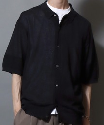 Cooling Pique-Texture Knit Polo Cardigan / 14G 接触冷感 鹿の子編み ルーズシルエットニットポロカーデ 半袖 メンズ サマーカーディガン シンプル 無地
