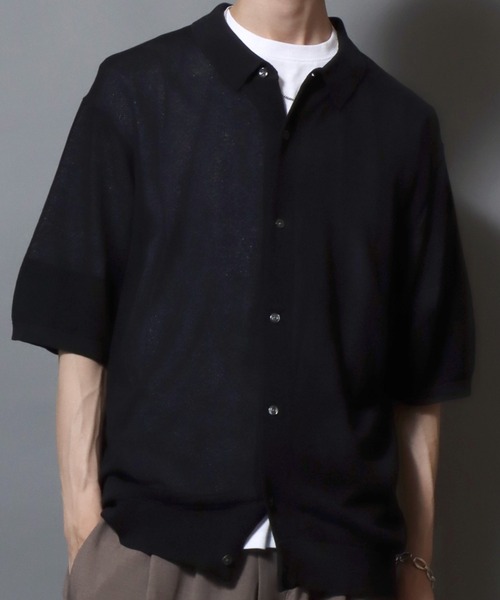 ANPAS(アンパス)の「Cooling Pique-Texture Knit Polo Cardigan / 14G 接触冷感 鹿の子編み ルーズシルエットニットポロカーデ 半袖 メンズ サマーカーディガン シンプル 無地(カーディガン/ボレロ・メンズ・ブラック/チャコールグレー/グレイッシュベージュ・M/L)」の1枚目の写真