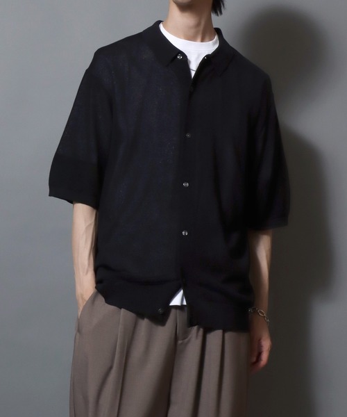 ANPAS(アンパス)の「Cooling Pique-Texture Knit Polo Cardigan / 14G 接触冷感 鹿の子編み ルーズシルエットニットポロカーデ 半袖 メンズ サマーカーディガン シンプル 無地(カーディガン/ボレロ・メンズ・ブラック/チャコールグレー/グレイッシュベージュ・M/L)」の17枚目の写真