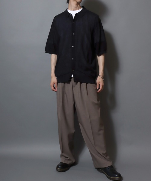 ANPAS(アンパス)の「Cooling Pique-Texture Knit Polo Cardigan / 14G 接触冷感 鹿の子編み ルーズシルエットニットポロカーデ 半袖 メンズ サマーカーディガン シンプル 無地(カーディガン/ボレロ・メンズ・ブラック/チャコールグレー/グレイッシュベージュ・M/L)」の19枚目の写真