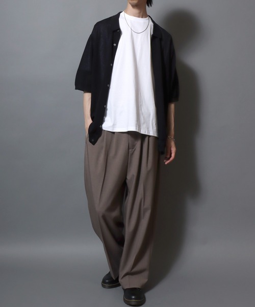 ANPAS(アンパス)の「Cooling Pique-Texture Knit Polo Cardigan / 14G 接触冷感 鹿の子編み ルーズシルエットニットポロカーデ 半袖 メンズ サマーカーディガン シンプル 無地(カーディガン/ボレロ・メンズ・ブラック/チャコールグレー/グレイッシュベージュ・M/L)」の5枚目の写真