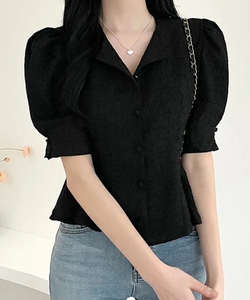 mielu(ミエル)の「ジャガードペプラムブラウス(シャツ/ブラウス・レディース・アイボリー/ブラック/ホワイト・MEDIUM)」の3枚目の写真
