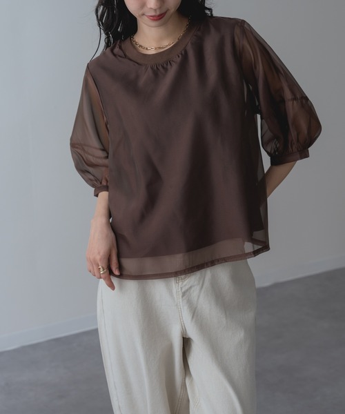 refinedworks(リファインドワークス)の「【refinedworks】ランタン袖 シアートップス(Tシャツ/カットソー・レディース・ブラウン/ホワイト/ブラック・FREE)」の3枚目の写真