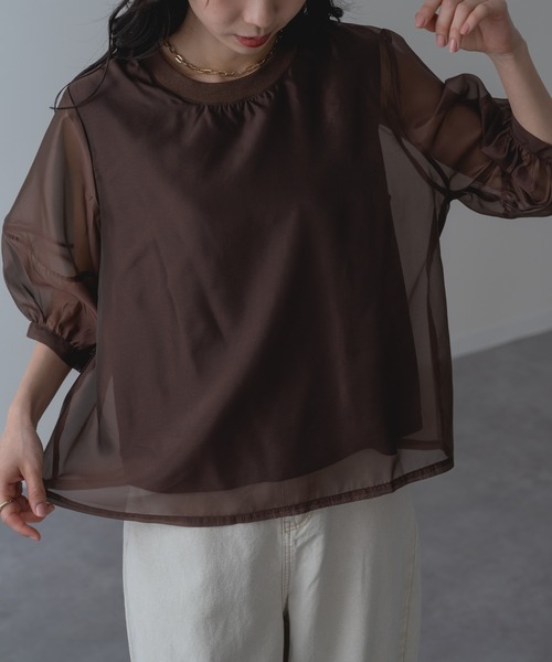 refinedworks(リファインドワークス)の「【refinedworks】ランタン袖 シアートップス(Tシャツ/カットソー・レディース・ブラウン/ホワイト/ブラック・FREE)」の5枚目の写真