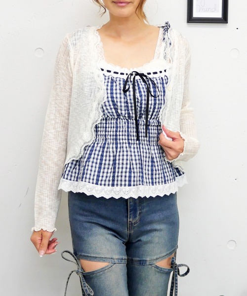 FUN(ファン)の「ギンガムレースビスチェ(シャツ/ブラウス・レディース・レッド/ネイビー/ブラック・FREE)」の2枚目の写真