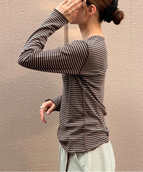 MEYAME(メヤメ)の「MEYAME/メヤメ ボーダーソフトリブヘンリーネック BORDER SOFT RIB HENRY NECK MEY-2503(Tシャツ/カットソー・レディース・ブラウン/ピンク・FREE)」の7枚目の写真
