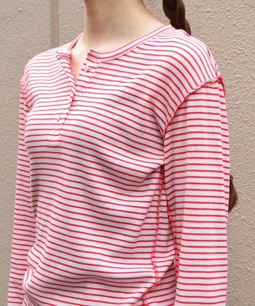 MEYAME(メヤメ)の「MEYAME/メヤメ ボーダーソフトリブヘンリーネック BORDER SOFT RIB HENRY NECK MEY-2503(Tシャツ/カットソー・レディース・ブラウン/ピンク・FREE)」の10枚目の写真