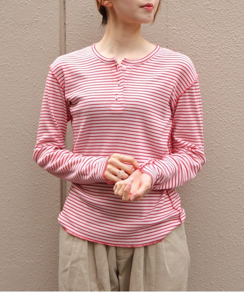 MEYAME(メヤメ)の「MEYAME/メヤメ ボーダーソフトリブヘンリーネック BORDER SOFT RIB HENRY NECK MEY-2503(Tシャツ/カットソー・レディース・ブラウン/ピンク・FREE)」の11枚目の写真