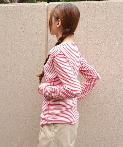 MEYAME(メヤメ)の「MEYAME/メヤメ ボーダーソフトリブヘンリーネック BORDER SOFT RIB HENRY NECK MEY-2503(Tシャツ/カットソー・レディース・ブラウン/ピンク・FREE)」の12枚目の写真