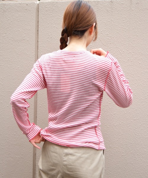 MEYAME(メヤメ)の「MEYAME/メヤメ ボーダーソフトリブヘンリーネック BORDER SOFT RIB HENRY NECK MEY-2503(Tシャツ/カットソー・レディース・ブラウン/ピンク・FREE)」の13枚目の写真