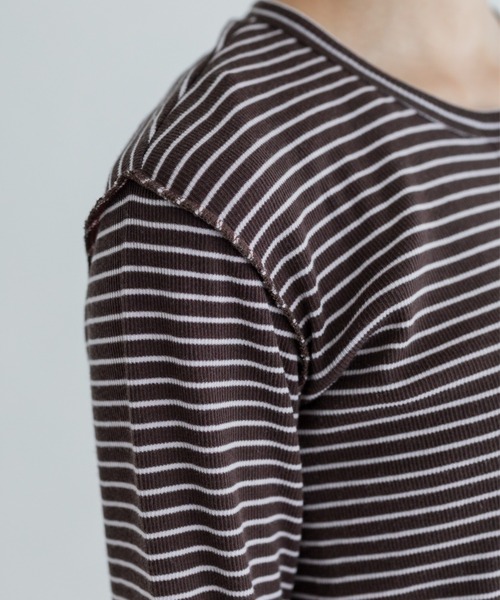 MEYAME(メヤメ)の「MEYAME/メヤメ ボーダーソフトリブヘンリーネック BORDER SOFT RIB HENRY NECK MEY-2503(Tシャツ/カットソー・レディース・ブラウン/ピンク・FREE)」の21枚目の写真