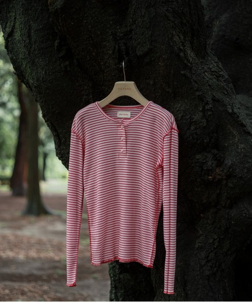 MEYAME(メヤメ)の「MEYAME/メヤメ ボーダーソフトリブヘンリーネック BORDER SOFT RIB HENRY NECK MEY-2503(Tシャツ/カットソー・レディース・ブラウン/ピンク・FREE)」の15枚目の写真